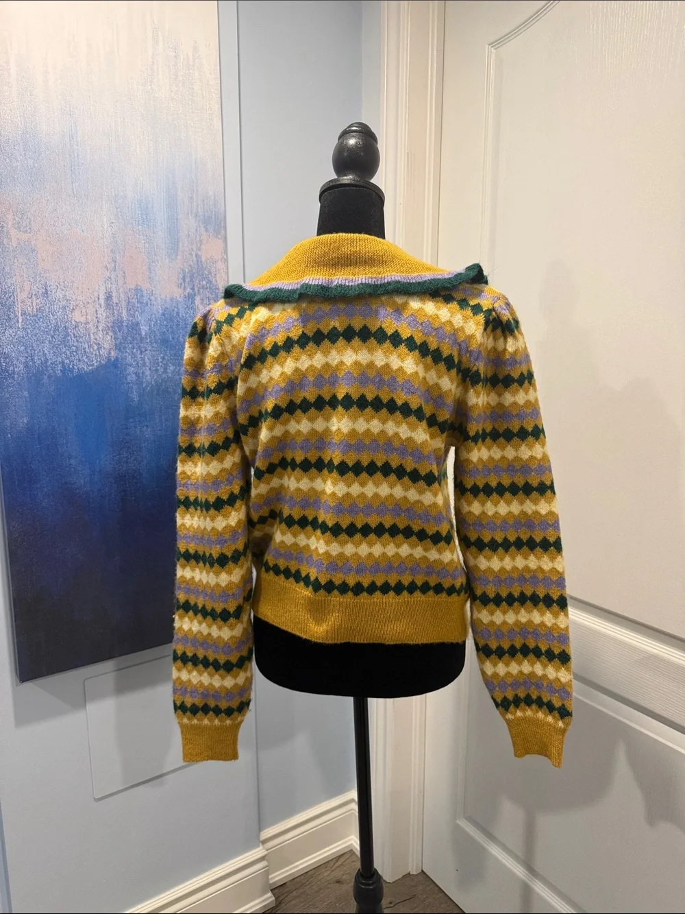 MNG Mustard Yellow Diamond-Pattern Crewneck Sweater with Scalloped Collar - Picture 4 of 5